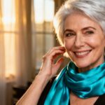 Femme souriante avec une coupe courte argentée portant un turban turquoise dans un salon de coiffure